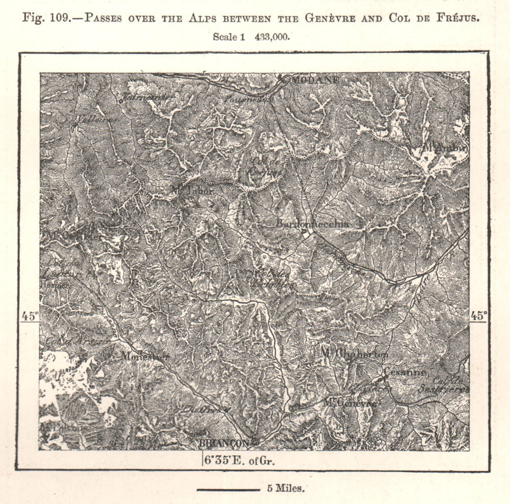 Alpine passes between the Genèvre & Col de Frejus. Haute-Savoie. Sketch map 1885